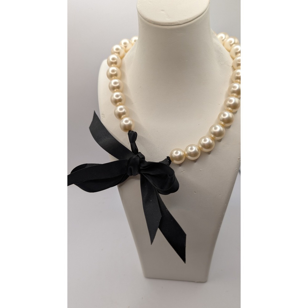 Chunky Faux Pearl Statement Necklace with Black Satin Ribbon Bow Accent
